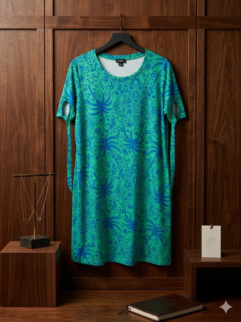 Tacera Green & Blue Palm Tree Print Casual Short Sleeve Dress - Size L